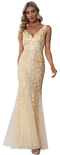 Ever-Pretty Women's Sexy V Neck Sleeveless Elegant Floor Length Long Mermaid Wedding Guest Dresses Gold 18UK