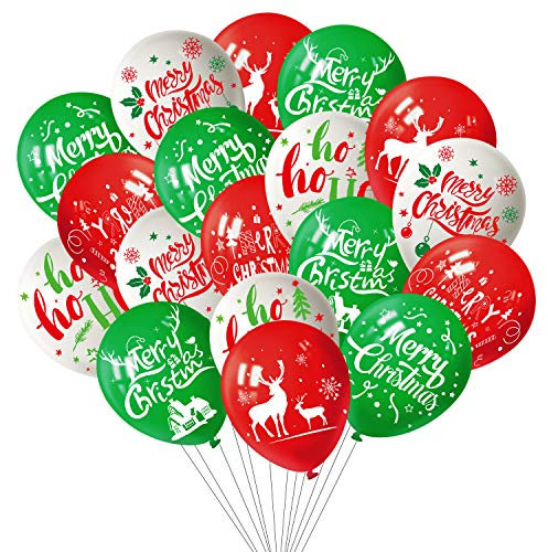 FEPITO 100Pcs Globo de Fiesta de Navidad 12 Pulgadas Globos de Navidad de látex Rojo y Verde Blanco, 6 Estilo Merry Xmas para decoración de Navidad Artículos de Fiesta