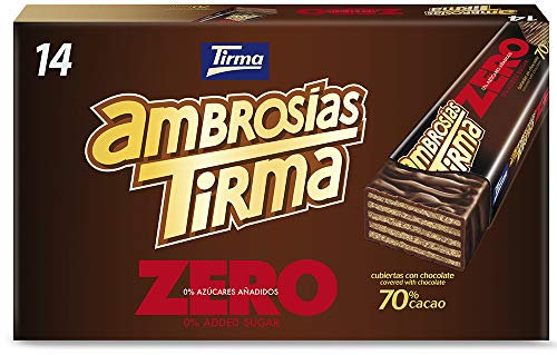 Tirma Ambrosía de Chocolate Negro 70% | Barritas de Barquillos Rellenos de Crema de Cacao, para Dieta Keto y Diabéticos | 14 uds, 301g
