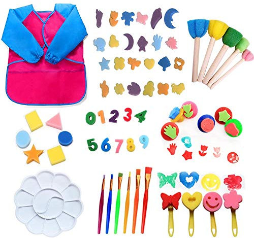 LOOHAOC 63 Pièces Éponge Brosses de Peinture Enfant Ensemble Pinceaux de Peinture et Art DIY Outils de Peinture d'apprentissage Précoce Contient Tablier imperméable pour Enfants ,Sac de Rangement