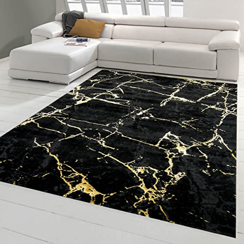 Teppich-Traum moderner Schlafzimmerteppich mit abstraktem Marmor Muster in schwarz Gold, Größe 200 cm Quadrat