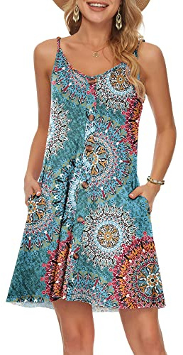 WNEEDU Damen Kleid Sommer Spaghettiträger Sommerkleid Kurze Strandkleider V Ausschnitt Leichte Freizeitkleid mit Taschen