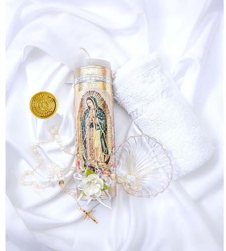 Juego de velas de bautizo para niños y niñas con nuestra vela Virgen de Guadalupe - Velas para bautizo Kit completo - Juego de velas de bautizo católico niña - Vela bautiso niño y para bautizo de niña