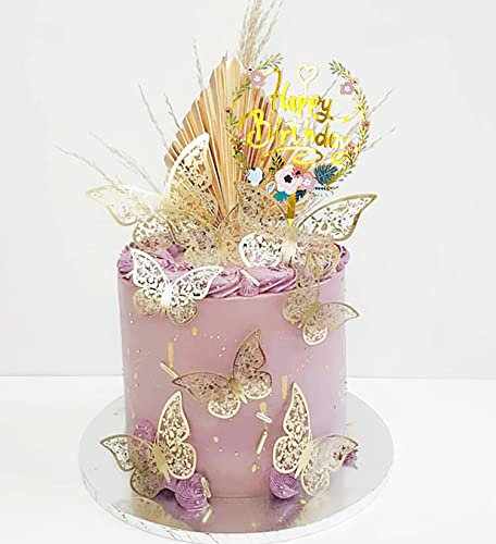 Yitla Schmetterlinge Geburtstag Tortendeko,Happy Birthday Tortendeko Set mit Geburtstagskerze,Hochzeitsdekoration Kuchendekoration Cake Topper Mädchen-Goldener Schmetterling (Goldener Schmetterling)