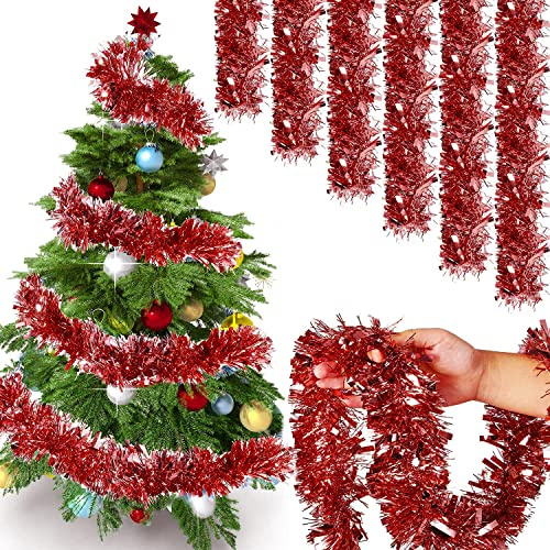 Lametta Girlande Weihnachten – 6 Stück à 2 m, Flauschige Glitzer-Weihnachtsgirlande für Weihnachtsbaum, Fenster und Türen – biegsame, langlebige und Wiederverwendbare Weihnachtsdeko