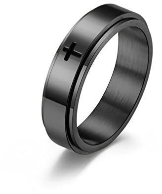 Whoiy Gold Ring Jesus, Ring Herren Edelstahl Schwarz Christuskreuz Drehbarer Angstring für Männer 60 (19.1) Kostenlos Gravieren