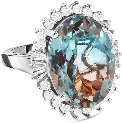 SHOP LC 14,79 ct Oval Aqua Terra Costa Quarz Drilling und Zirkon Halo Ring in Gold plattiert 925 Sterling Silber, Größe 18