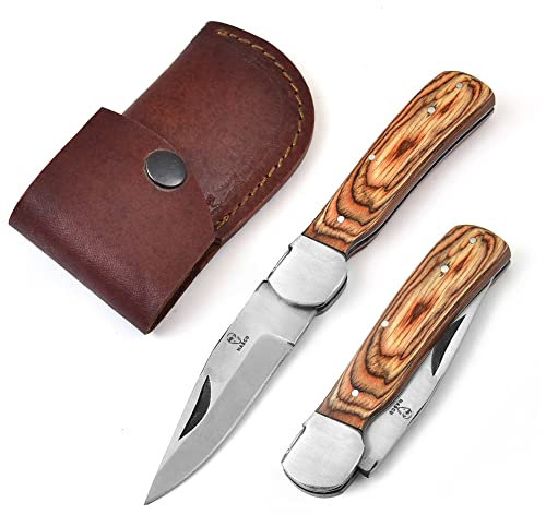 COLTELLO con manico d'ulivo lama da 9 cm grande con fodero in cuoio per cintura