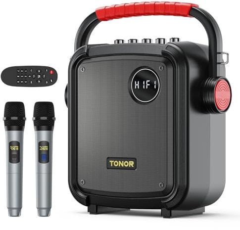 TONOR Macchina Karaoke Portatile con 2 Microfoni Senza Fili, Sistema PA Ricaricabile per Adulti con Batteria da 5400mAh, Set di Altoparlanti Bluetooth 5.0 Supporta BT/TF/USB/AUX, con TWS/FM/REC K7