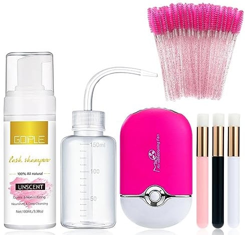 Wimpernverlängerungsreiniger, Wimpern-Mousse-Lash-Shampoo für Wimpernverlängerungen, USB-Mini-Ventilator, wiederaufladbar, elektrische Handklimaanlage, Wimpernbürsten, Reinigungsbürste, Waschflasche