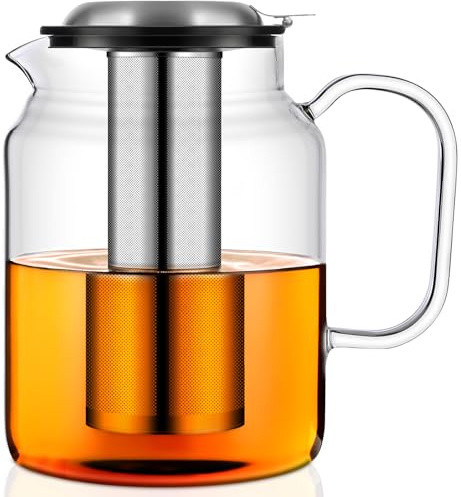 Aquach Glas-Teekanne, 2,4 l, für den Herd geeignet, mit herausnehmbarem Teesieb für blühenden Tee und losen Tee, extra große Glas-Teebereiter, heiße und kalte Brühe