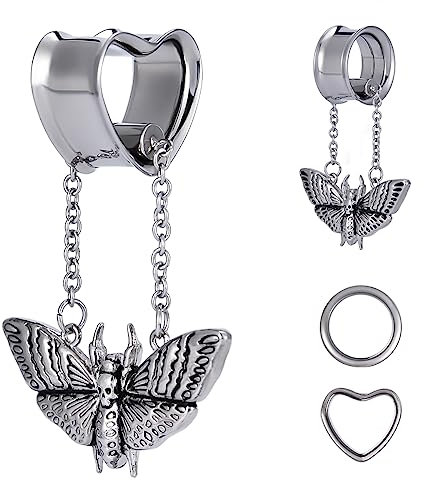 COEAR Herz Messgeräte für Ohren, Herz Tunnel Doppel Flared Plugs, Schmetterling Dangle Plugs Ohrringe 3/4.