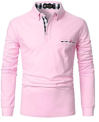 STTLZMC Mode Polo Homme Manche Longue Golf Poloshirt Coton Casual Col Contrasté Tops #23 Rose S