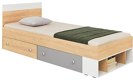 Mirjan24 Kinderbett Pezru PX14 mit 2 Schubladen und 3 Fächer, Bett, L:204 x B:94 x H:80 cm, Funktionsbett 90 x 200 cm für Jugendzimmer/Kinderzimmer (Biskuit-Eiche + Weiß Lux + Grau)
