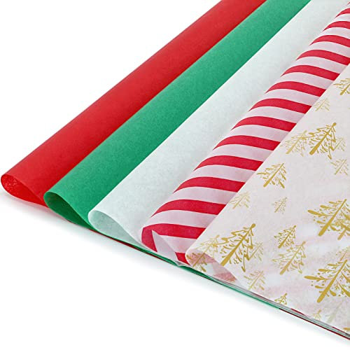 LOADSFUN 120 Blatt Weihnachten Seidenpapier für Geschenktüten Verpackung, Weihnachten Geschenkpapier Rot Grün Weiß Gold Weihnachtsbaum Sortiert Seidenpapier Bulk