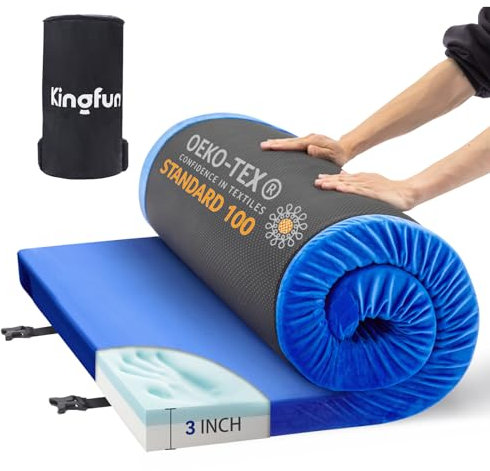 Kingfun CertiPUR-US Camping-Matratze aus Memory-Schaum, wasserdicht, aufrollbar, für Erwachsene, bequeme, dicke Boden-Schlafmatten für Auto, LKW, Zelt mit abnehmbarer Reisetasche, Kinderbett, Blau