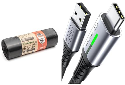 Relevo 150L Heavy Duty Bin Bags, Durable Bin Liners With A 100kg Weight Resistance, 100% Recycled & INIU USB C Charger Cable 2m 3.1A Type C Cable Fast Charging, Braided USB A to USB-C Phone Charger