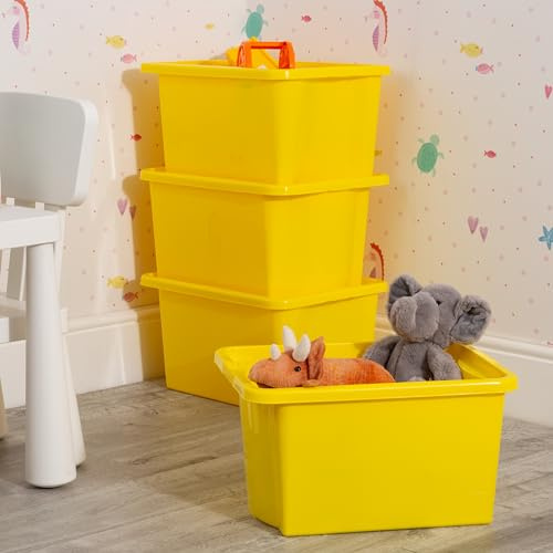 Wham Stack & Store 4 x 30L Plastic Storage Boxes | Ideal for Toys, Classrooms & Playrooms | Stackable & Nestable | Integrated Handles | Made in UK - Yellow