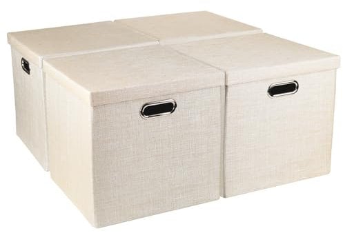 BinWhiz 33x33x33 cm Collapsible High-density Fabric Storage Cubes with Lids, Burlap Cloth Bin Organizer Box, Set of 4, Beige
