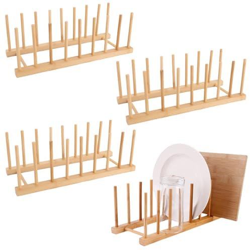 LDXDRU 4 Pack Wooden Plate Rack, 8 Slot Plate Organiser for kitchen Cupboard, Wooden Dish Rack Plate Rack Stand Pot Lid Holder Dish Drying Drainer Rack for Chopping Board Cup Bowl