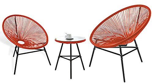 3-teiliges Gartenmöbel-Set aus umweltfreundlichem PE-Rattan, wetterfestes Acapulco-Bistro-Set mit Glastisch und 2 Stühlen (rot)
