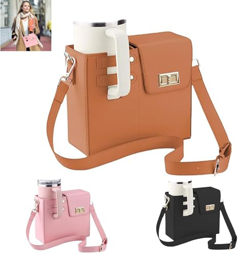 wisdomdodo Outdoor Portable Crossbody Water Cup Storage Bag,Crossbody Cup Storage Bag with Adjustable Shoulder Strap,Multifunctional Leather Cup Bag with Storage Pocket,Crossbody Cup Holder Bag, Brown