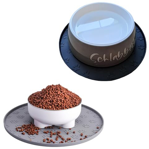 Silicone Pet Feeding Mat, Non-Slip Dog Bowl Mat, Cat Food Mat, Waterproof Tray (Grey+Black, 28x28 CM)