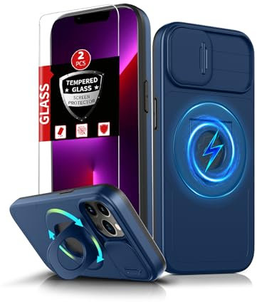 FRLMOOES pour iPhone 13 Pro Max Coque Magnétique Compatible avec MagSafe Chargement sans Fil,avec 2 Trempé Protection,360°Béquille Support & Cache Caméra intégré Étui Antichoc Absorbant de Choc Bleu