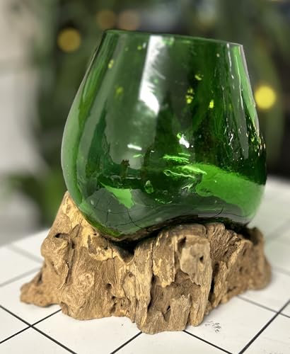 Molten, Melted, Green Glass Bowl, 13cm W x 18cm H, Tree Root Base, Handmade, Fair Trade. Recycled Beer Bottles. Boxed.