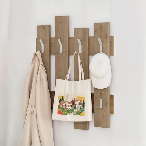 Wandgarderobe mit 8 stabilen Haken| platzsparender Flur Organizer für Mäntel| Taschen und Hüte| modernes Design zur Wandmontage| hohe Belastbarkeit| mehrere Farboptionen| 81 x 64 cm (Eiche Natur)