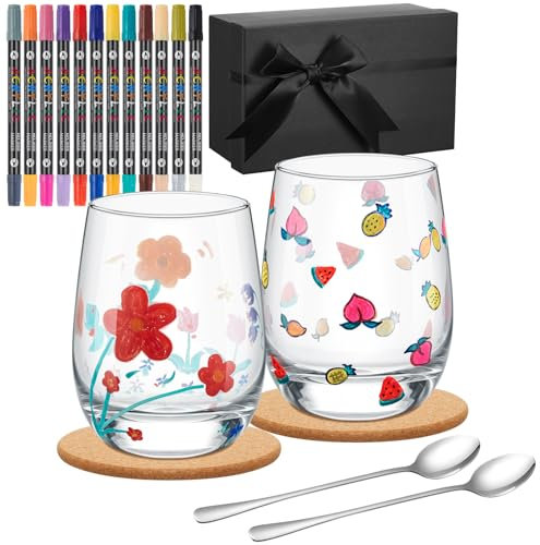 2 Set Paint Your Own Glass Mug Kit for Adults Graduation Class of 2025 Teacher Appreciation Gifts DIY Paintable Kit Include 2 Wine Glass 2 Spoon 12 Pen 2 Coaster Gift Box Birthday Wedding Gift(420ml)