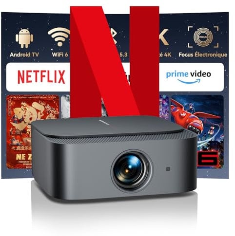 Vidéoprojecteur 4K【Officiel Netflix&Focus Électronique/Correction trapézoïdale】25000 Lumens 1080P Natif Full HD Projecteur Home Cinema, WiFi Bluetooth Vidéoprojecteur Android avec YouTube/Prime Video