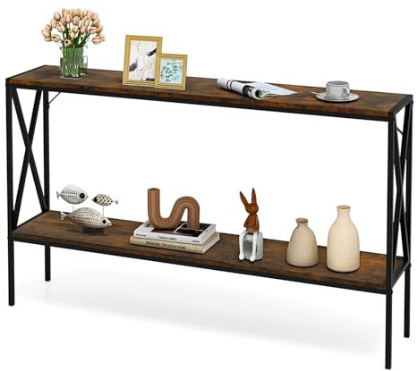 COSTWAY Table de Console 2 Étagères, Console Meuble Entrée Industrielle, Structure X en Fer, Dispositif Anti-Renversement, pour Salon, Couloir, Entrée (Marron Rustique)