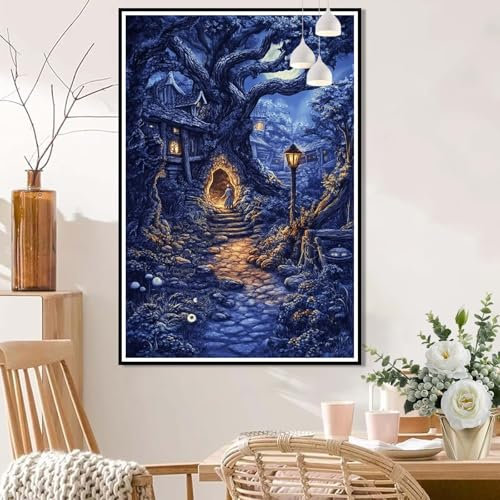 Malen Nach Zahlen Baumhaus, Malen Nach Zahlen Erwachsene Straßenlaternen Paint by Numbers, DIY Ölgemälde Kit, mit 3 Pinsel und Acrylfarbe Als für Home Deko, Frauen Geburtstag Geschenk 80x120cm L8-234