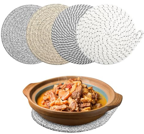 Set of 4 Heat Resistant Coasters Pot Made of Cotton Plate Coasters Round,100% Cotton Braided Hot Pads,20 cm Place Mat Round for Kitchen Bowl Pot Pans Pot and Plates