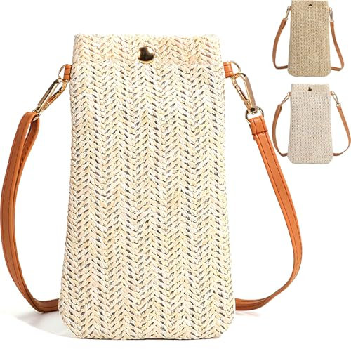 GOZINA Crossbody Phone Bags for Women, Women'S Cross-Body Bag, Ladies Across Body Bags, Small Crossover Straw Bag for Women Uk, Mini Passport Mobile Cell Phone Purse Pouch with Shoulder Strap (Beige)