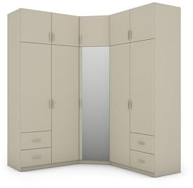 e-Meblast - 3-teilige Eckschrank - 189x240x55 cm - 0-1 Spiegel - Schlafzimmer, Wohnzimmer Eck Ecke Eckeschrank - 20 Einlegeböden - 4 Schubladen - 3 Kleiderstange (Mit Spiegel, Kaschmirbeige)