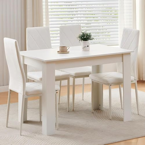 Homullel 110cm Dining Table and 4 Chairs, 4 Seater Kitchen Table and Chairs Set for Space Saving, Dining Room Set for 4, White (4 Seaters, White Flannel Argyle Grid)
