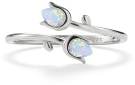 PERIMADE Anillo de tulipán de ópalo chapado en oro para mujer, hipoalergénico con flores pequeñas, anillo de derivación de banda abierta, joyería de plata de ley 925, regalo de amistad de moda para