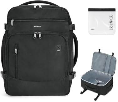 ECOHUB Zaino EasyJet 45x36x20, Zaino da Viaggio come Bagaglio a Mano Aereo | Cerniera SBS, Apertura a 180°, Scomparto per Laptop, Resistente all'acqua, Riciclato, Unisex, per Lavoro, Trekking, Nero