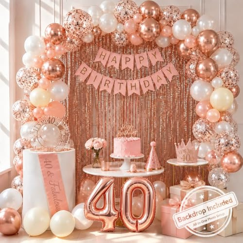40th Birthday Decorations - Rose Gold 40 Birthday Decorations Include Banner, Fringe Curtains, Latex Balloons, Crown, Sash, Cake Topper & Number Balloon for Women Lady BD Party Decor