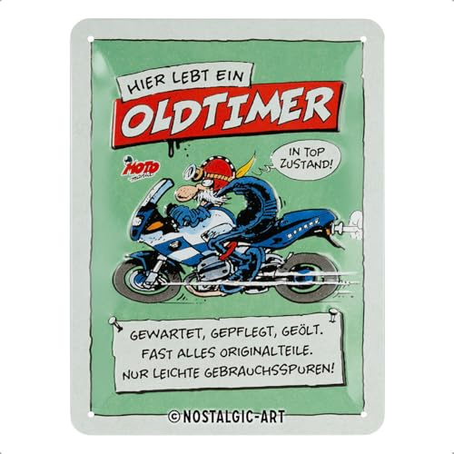 Nostalgic-Art Retro Blechschild, 15 x 20 cm, Hier lebt ein Oldtimer | aus Metall, Vintage Design, Blechschilder Sprüche, Geschenk-Idee für Biker