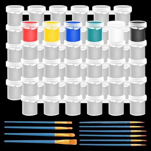Sixfolo 10 Strisce 60 Vasi di Vernice Vuoti da 15ml Barattoli di Vernice Vuoto in Plastica Contenitori per Pittura con Coperchio e Pennelli Grande Capacità Strisce di Vernice per Pittura Artistica