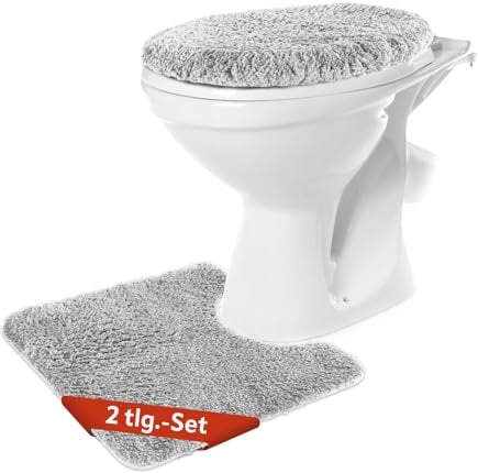BENKSTEIN WC-Vorleger-Set 2-teilig in hellgrau | weich & rutschhemmend – Badgarnitur mit WC-Vorleger 50x55 cm & Deckelbezug 49x51 cm | flusenfrei & waschmaschinengeeignet | kuscheliger Badteppich