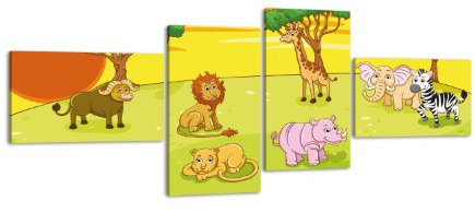 wandmotiv24 Leinwandbild Safari LW411 Wandbild, Bild auf Leinwand, 4 Teile, 100x45cm, Kunstdruck Canvas, XXL Bilder, Keilrahmenbild, fertig aufgespannt, Bild, Holzrahmen, Afrika, Kinder, Tiere,