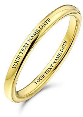 Bling Jewelry Personalisierter Einfacher Stapelbarer Kuppel-Paarring aus Titan, Polierter 14K Vergoldeter Ring 2MM mit Individueller Gravur