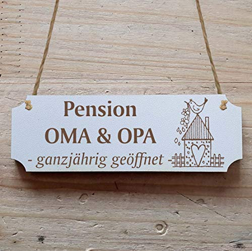 Schild Pension Oma und Opa ganzjährig geöffnet - Türschild 15 x 5 cm