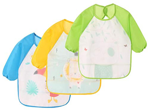 NOVAGO lot de 3 Bavoirs Tablier résistant à l'eau à Manches Longues,Tablier de Repas,de Jeu,de Peinture pour Les Enfants de 6 à 36 Mois(3 pcs, 2)