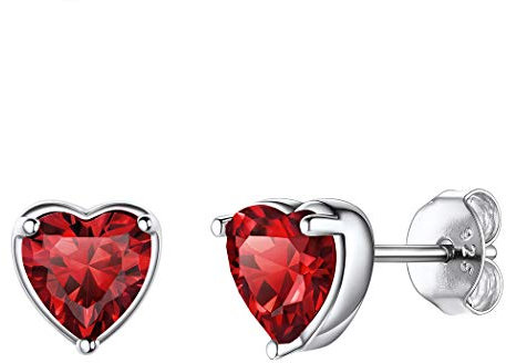 Suplight Damen Ohrringe Herzform Silber 925 Ohrstecker mit Geburtsstein von Januar roter Zirkonia klassische Ohr Piercing Granate Ohrschmuck Kristall Accessoire für Mädchen