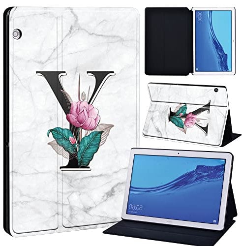 FINDING CASE For Huawei MediaPad T5 10 10.1 Inch Tablet - Printed PU Flip Leather Smart Lightweight Shell Stand Cover Case for MediaPad T5 10 10.1 (MediaPad T5 10 10.1, letter Y on white marble)